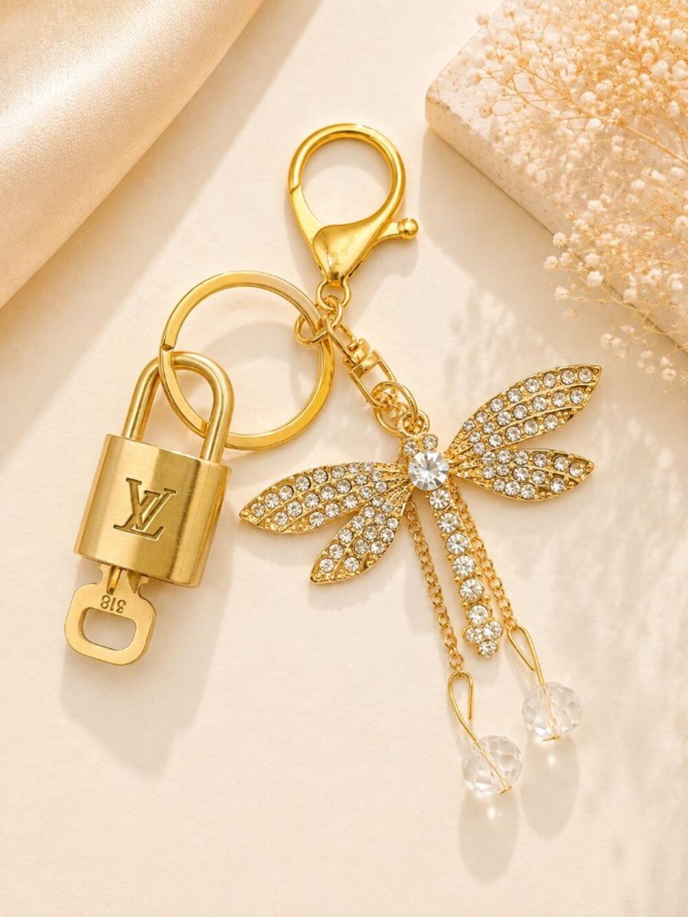 Authentic Louis Vuitton Gold Lock 🔒 Unbranded Dragonfly Keychain Bag Charm LV